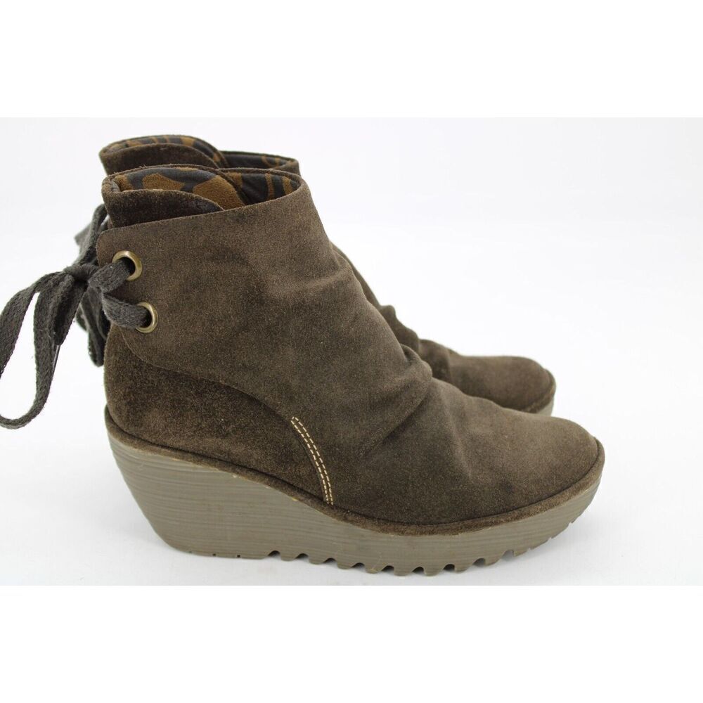 Fly London Boots Ankle Booties Brown Suede Wedge Ankle Lace/Tie Size 38 - Picture 6 of 11
